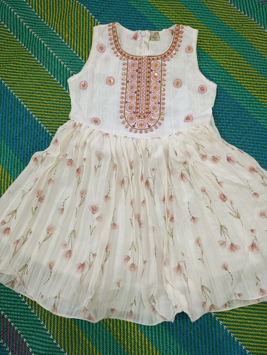 Girls Cotton Printed Party Wear Dress with Stripe Panel & Floral Accent – Soft & Comfortable